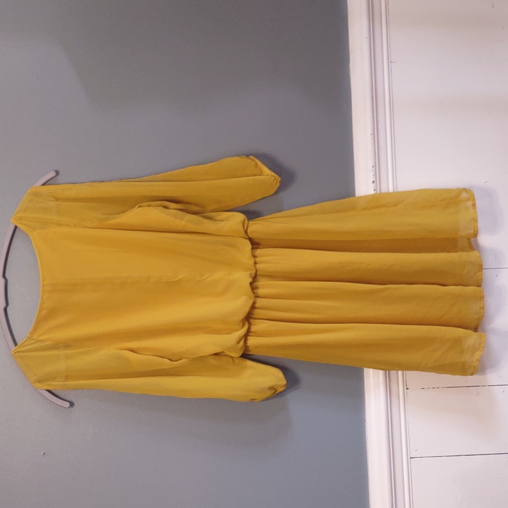 Speechless Women's Dress Sz S Fall Autumn Mustard Yellow sheer sleeves Fit Waist - Picture 9 of 9